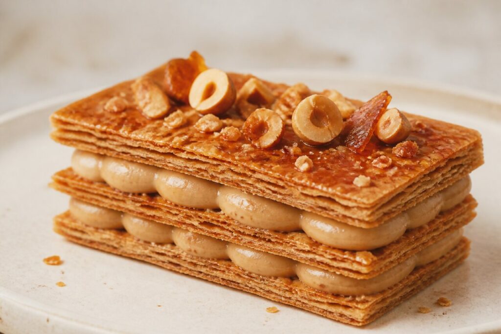 Crème pralinée entre plusieurs feuillets croustillants