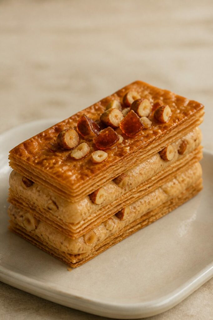 Alternance régulière de pâte feuilletée et de crème