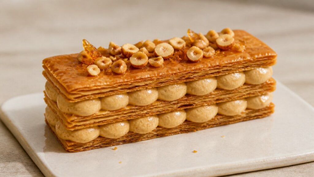 Noisettes dispersées autour du gâteau praliné