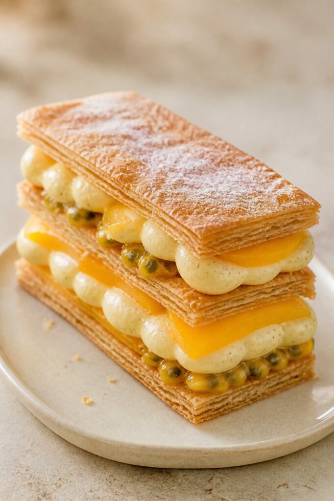 Milhojas de mango y maracuyá cubierto de azúcar glas