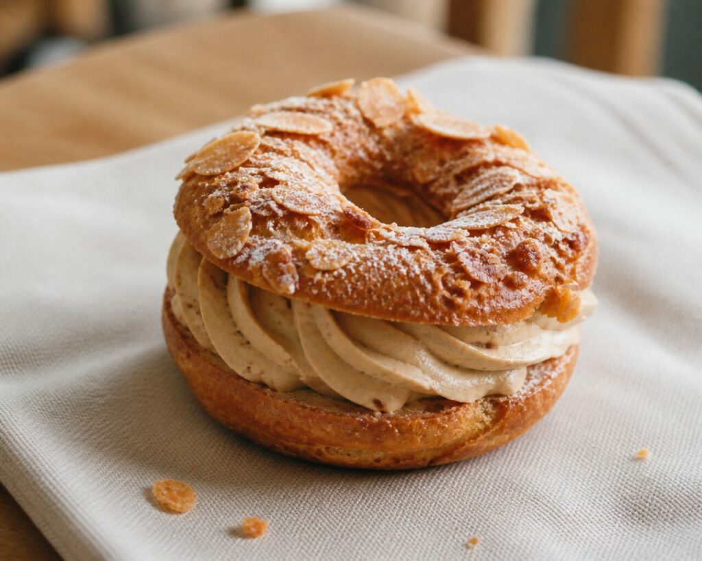 Linge clair sous un mini Paris-Brest aux amandes