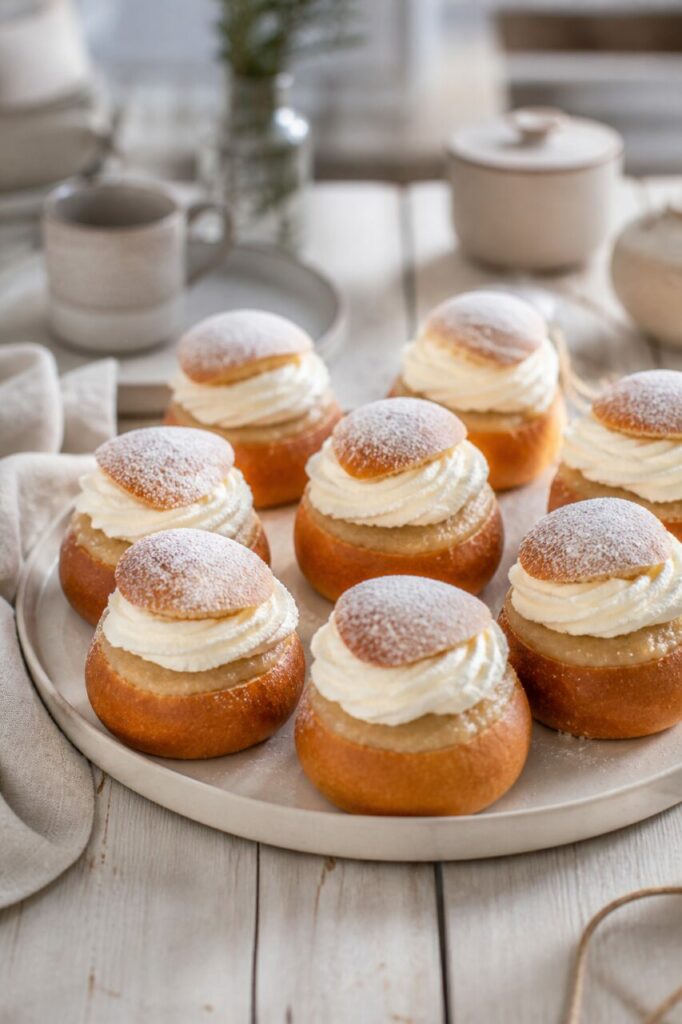 Mesa luminosa preparada em redor de uma travessa de semlas