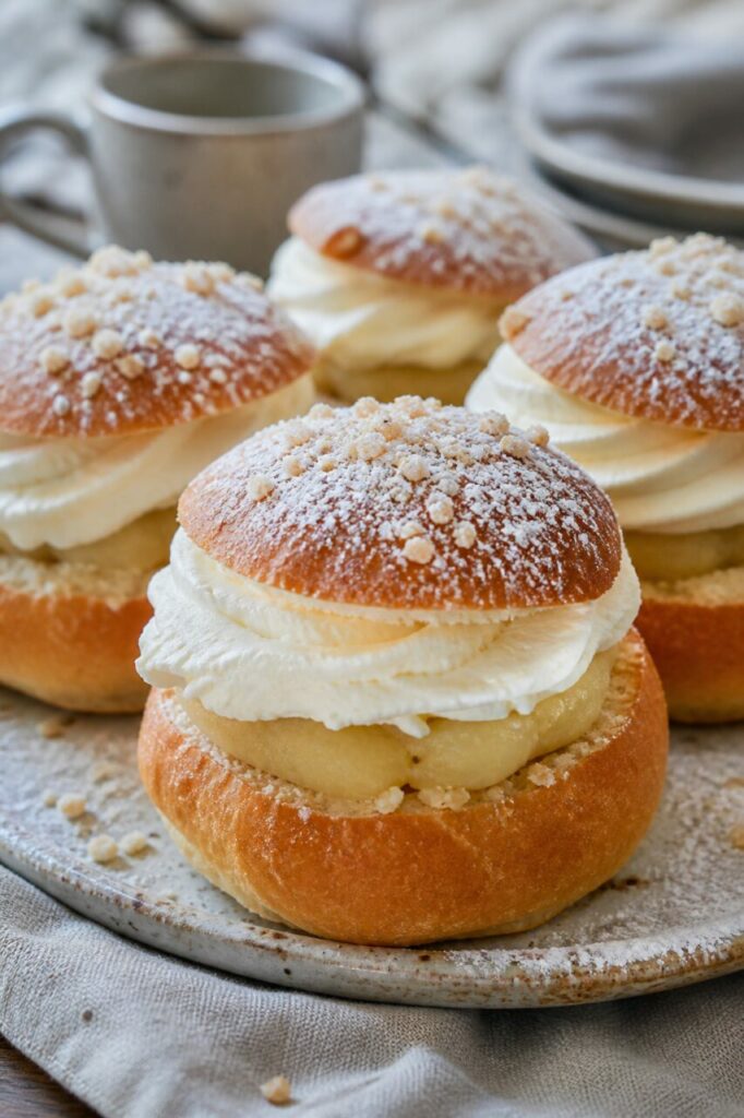 Creme, recheio de amêndoa e miolo dourado nos mini semlas