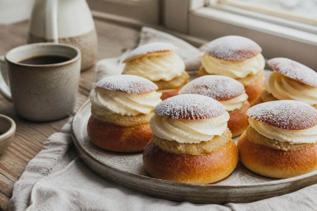 Pausa para café com sete mini semlas suecos