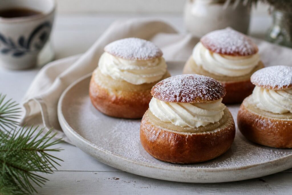 Quatro mini semlas polvilhadas no seu prato