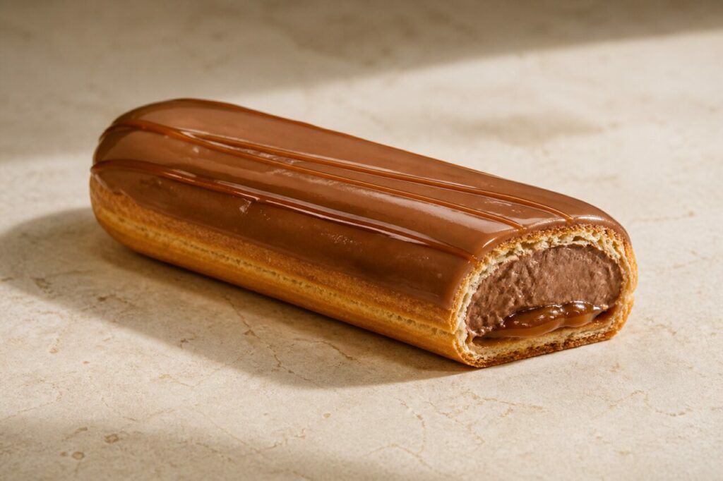Giandujaroom en karamel in een geopend éclair