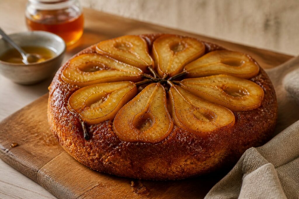 Rosace de poires sur un gâteau renversé au miel et aux épices