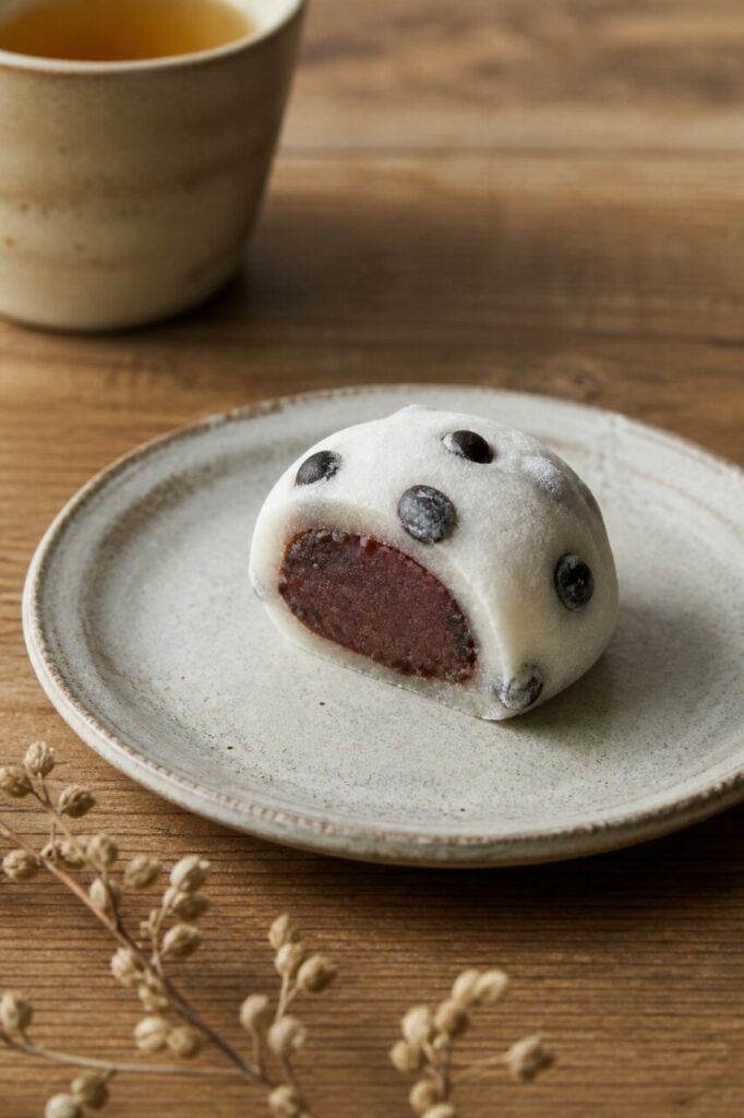 Mochi blanc poudré autour du mame daifuku aux haricots noirs