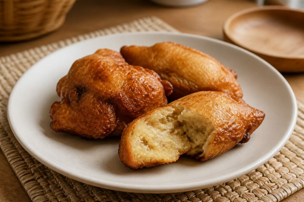 Mofo akondro malgaches en beignets de banane dorés, avec mie ouverte