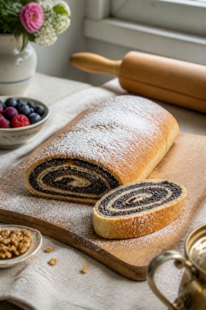 Mohnstrudel au pavot accompagné d’un thé, avec quelques noix