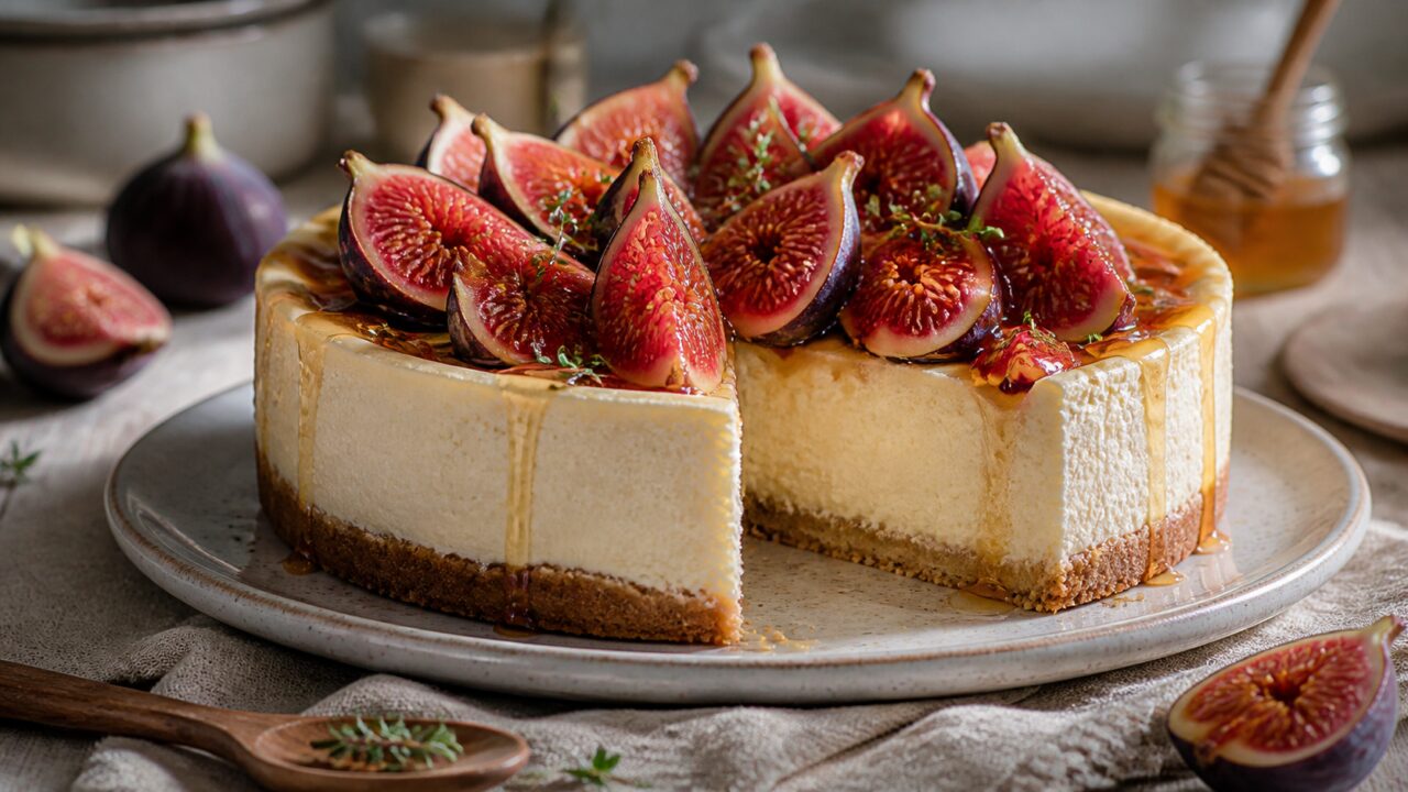 A bounty of fresh figs tops the tall ricotta cheesecake