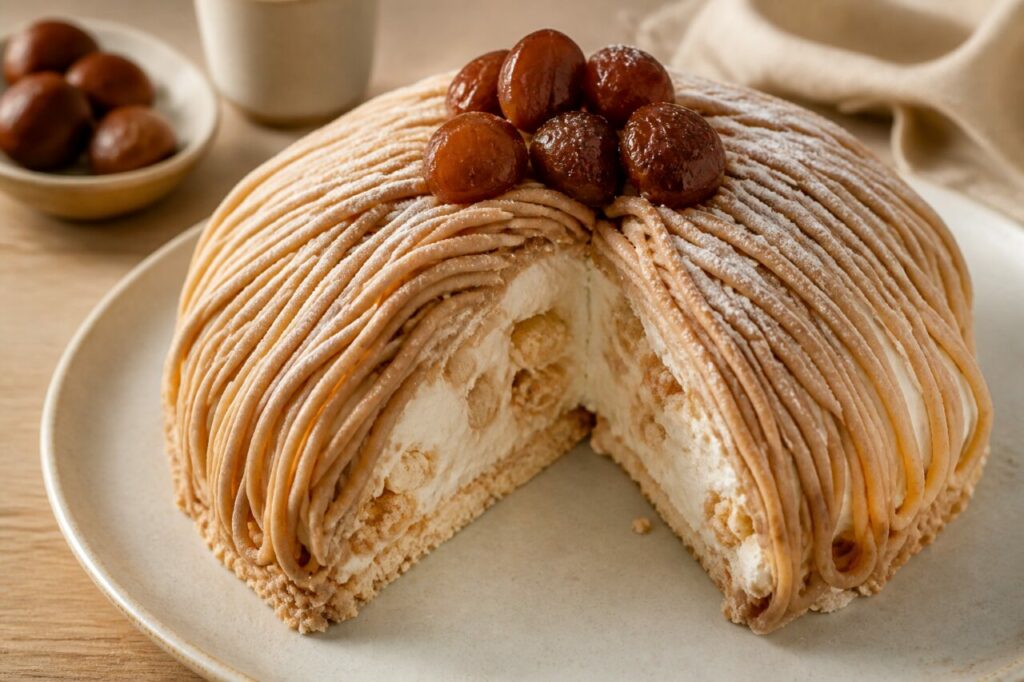 Mont-Blanc de castanha aberto com o interior cremoso à vista