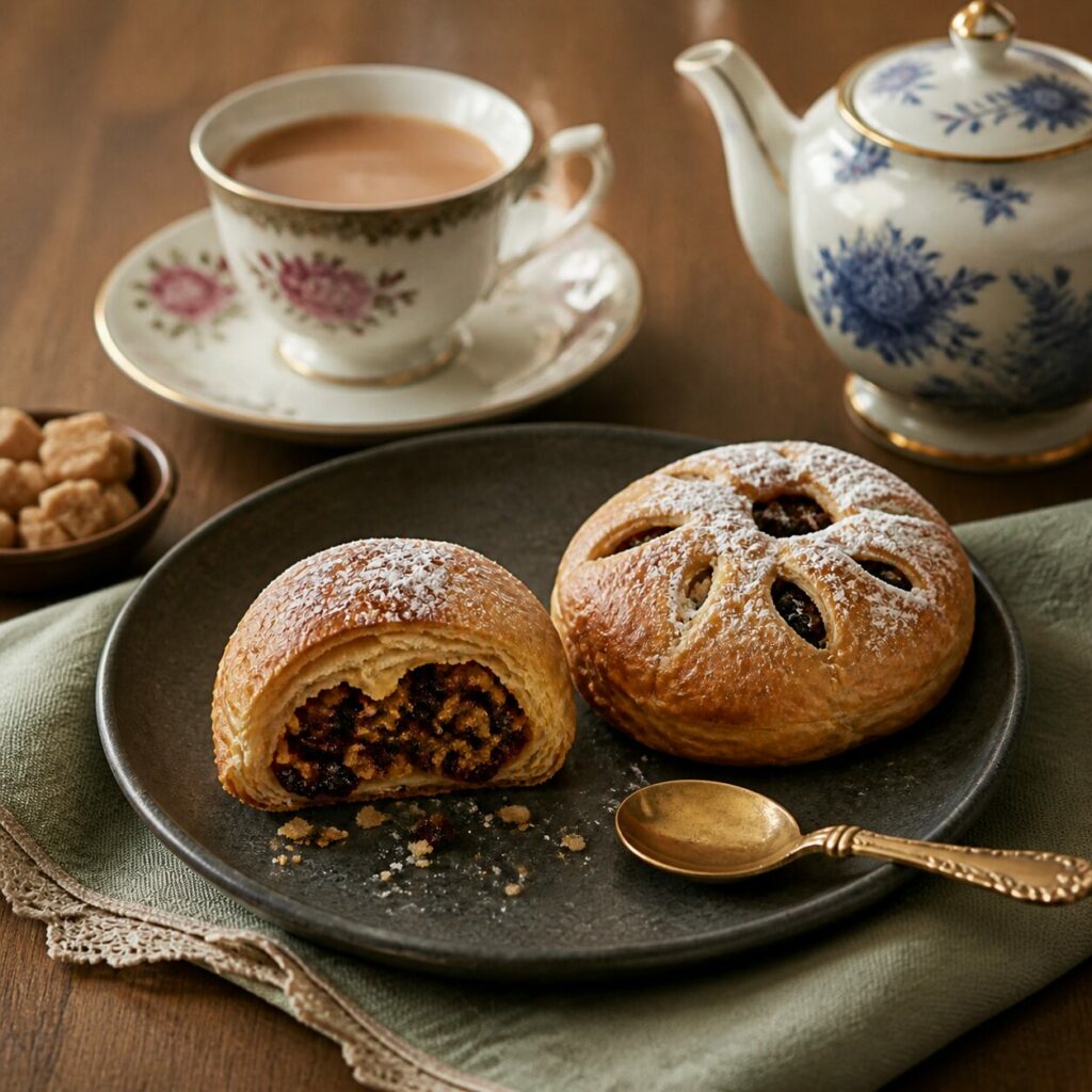 Motif en pétales sur l'Eccles cake britannique ouvert