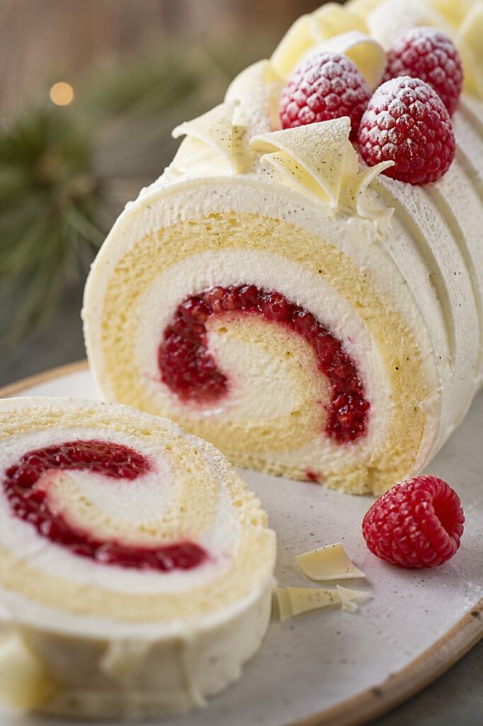 Mousse blanche entre les couches de la bûche framboise-chocolat blanc