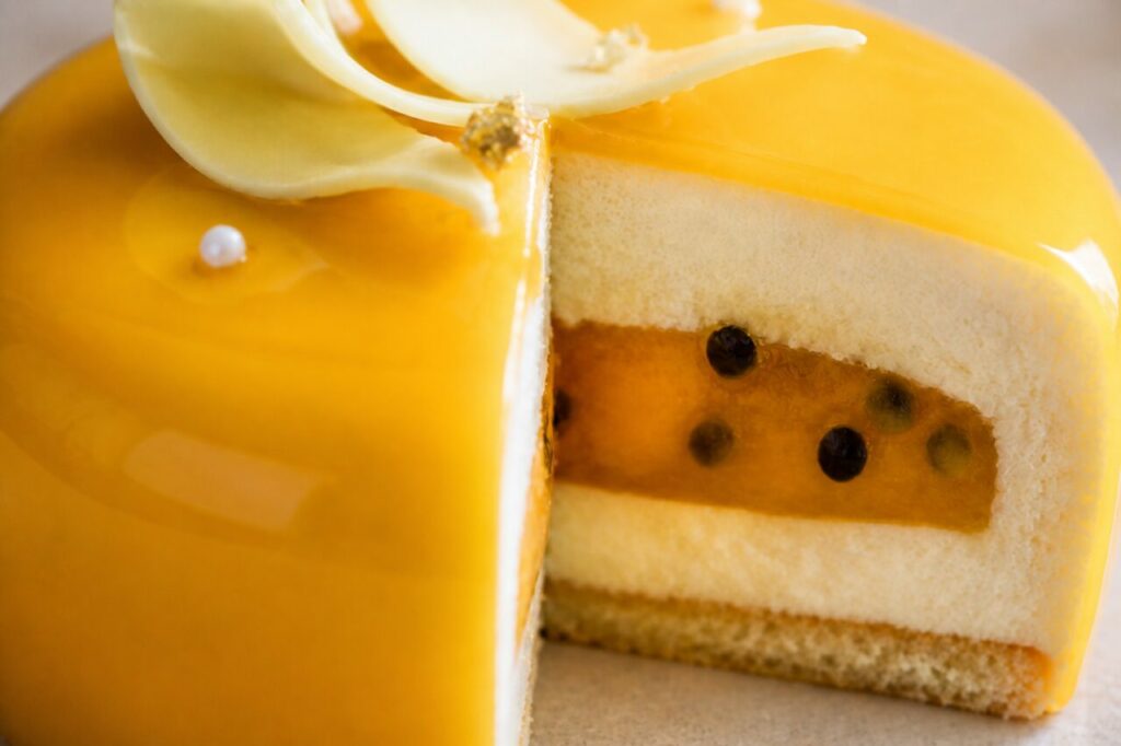 Mousse color avorio e inserto fruttato nell'entremet al mango e frutto della passione