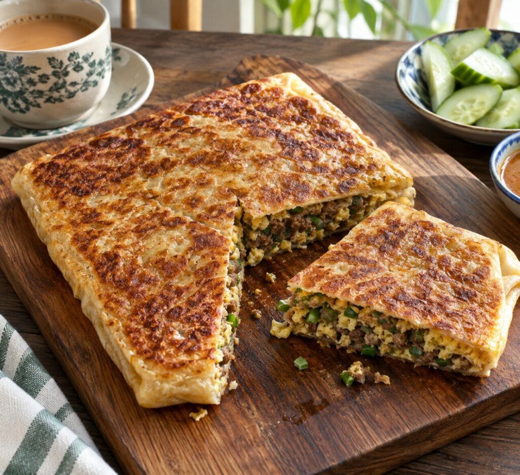 Découpe triangulaire d’un murtabak pour le petit-déjeuner