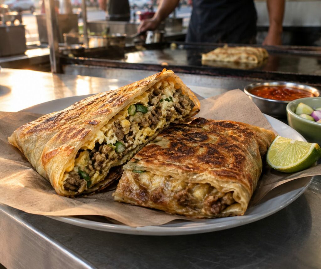 Farce épicée visible dans un murtabak croustillant