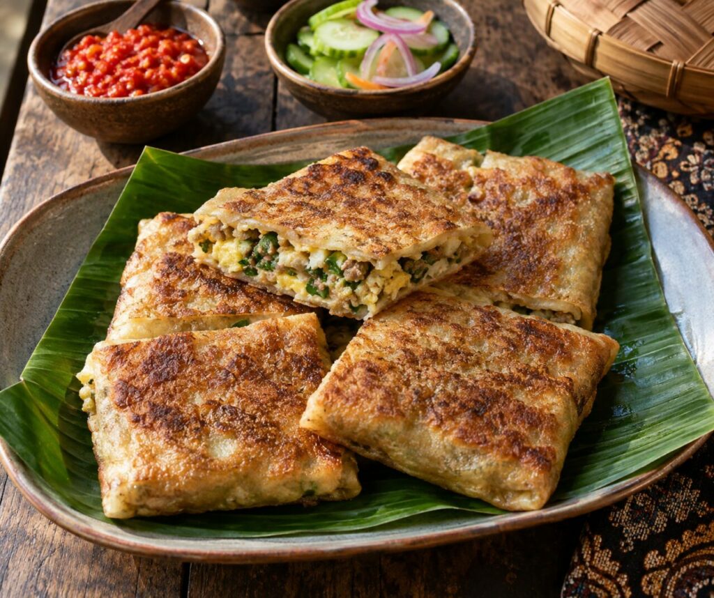 Sur une feuille de bananier, des carrés de murtabak dorés