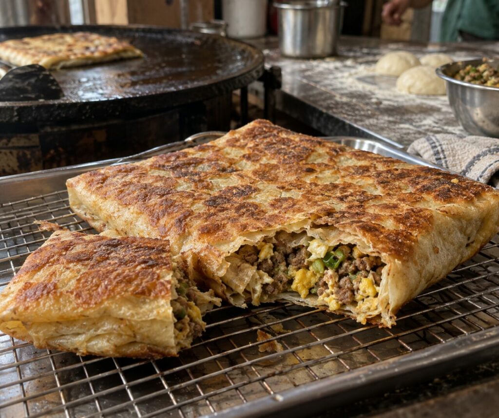 À la sortie de la plaque, un murtabak refroidit sur grille