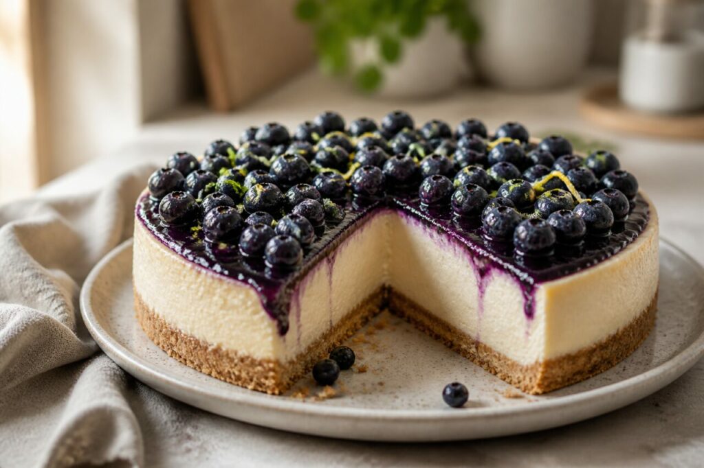 Myrtilles brillantes sur le cheesecake myrtilles-citron entamé