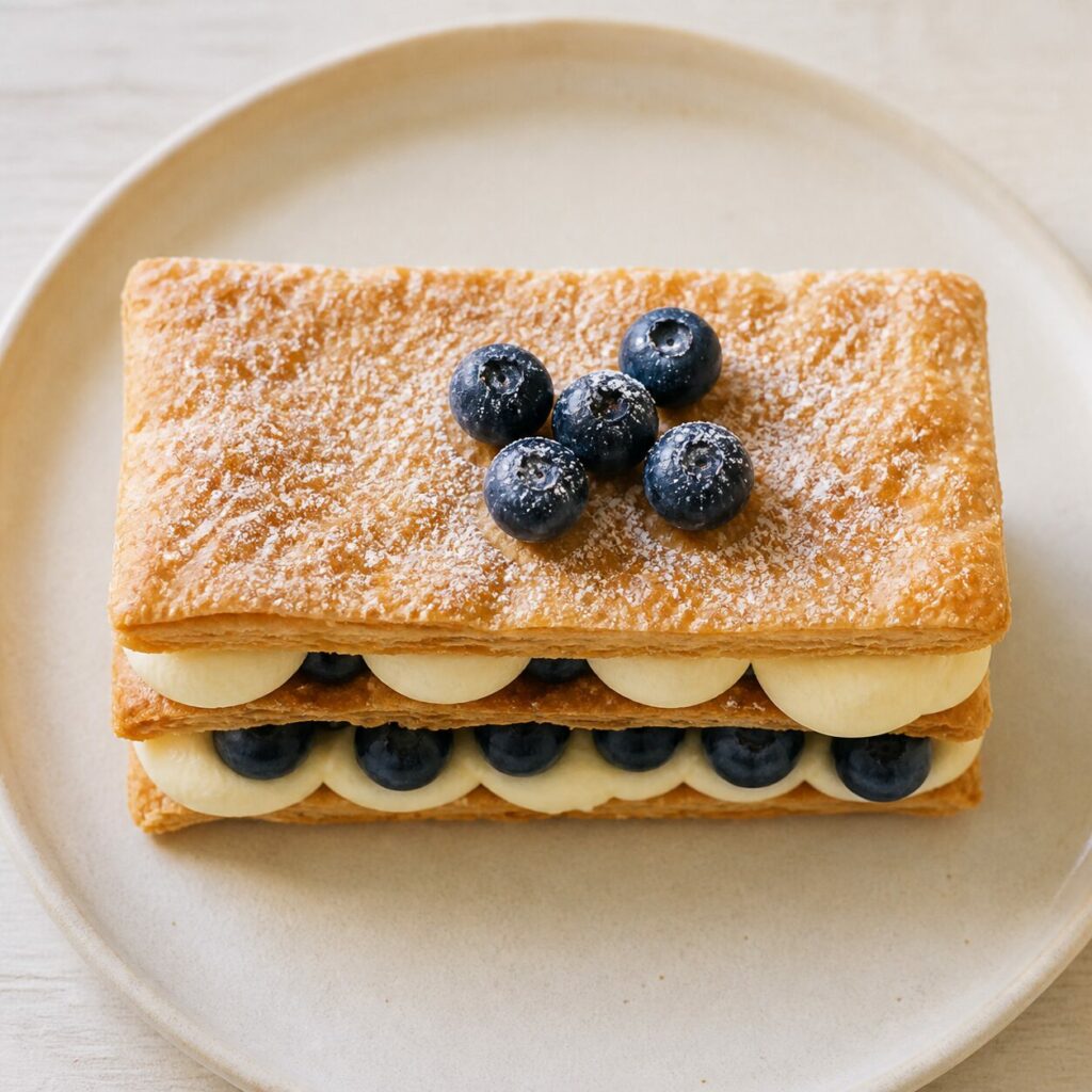 Arándanos enteros con crema escudillada para el pastel Napoleón