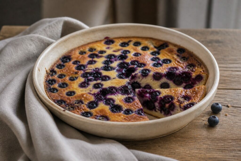 Whole berries dot the partly cut blueberry clafoutis