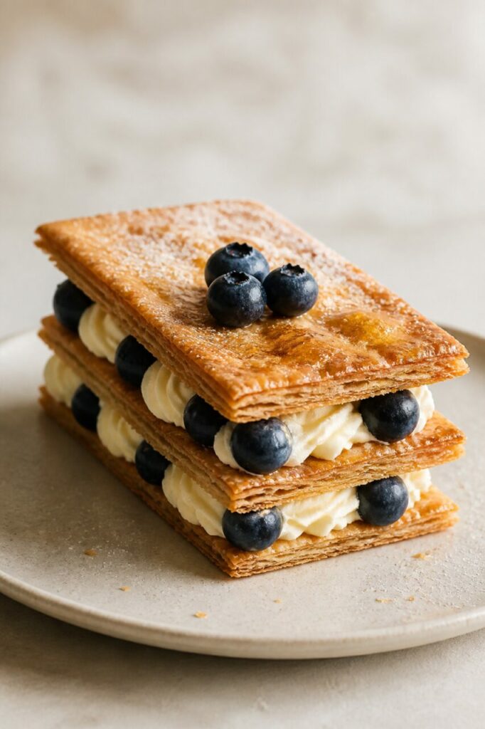Arándanos entre los niveles dorados del pastel Napoleón