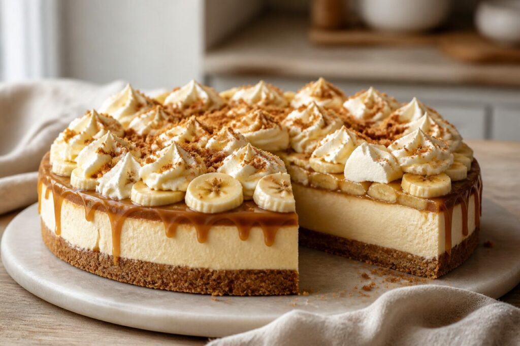 Caramel rivulets coat the sliced banoffee cheesecake