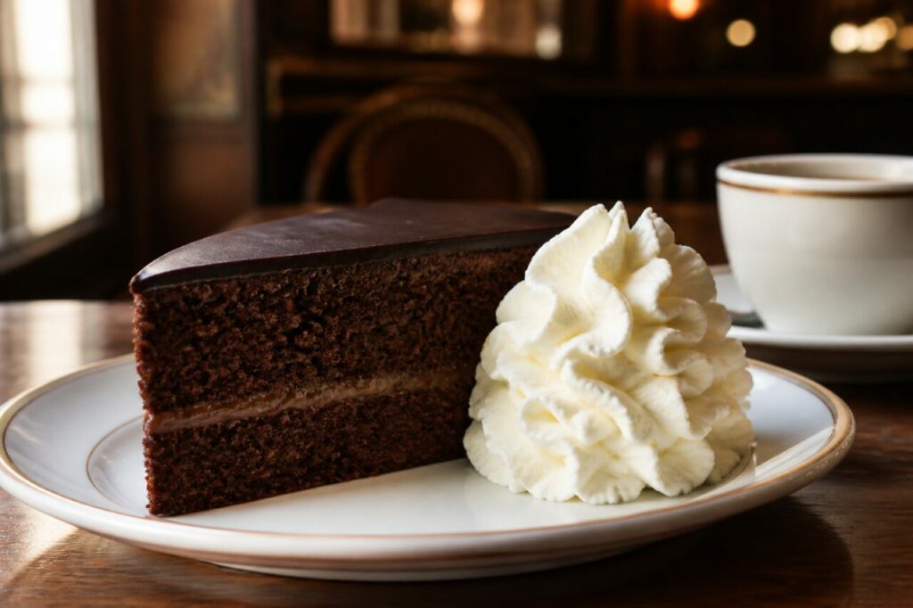 Nappage chocolat sur une Sachertorte servie avec chantilly