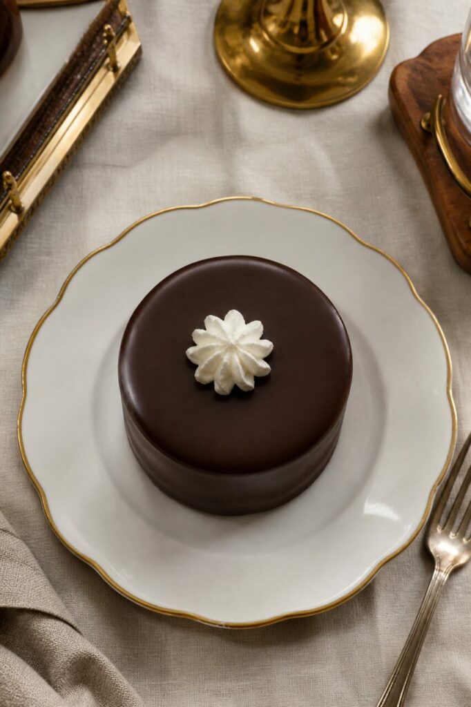 Lucentezza del cioccolato sulla mini Sachertorte dalla superficie uniforme