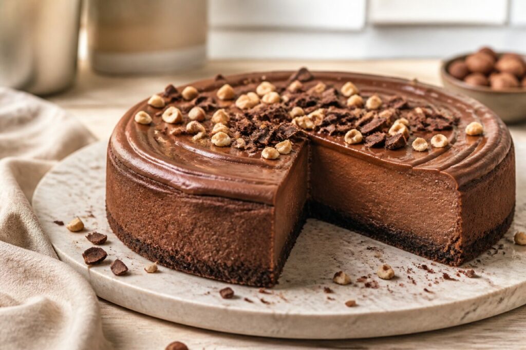 Nappage chocolaté lisse sur le cheesecake aux noisettes