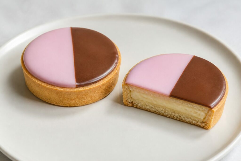 Doce australiano de salão de chá — neenish tart redonda com cobertura bicolor rosa e de chocolate, com uma fatia a mostrar o creme