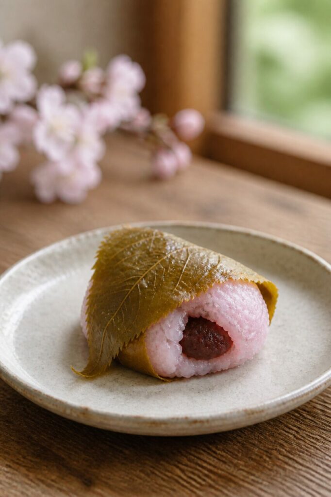 Nervature lucide percorrono la foglia del sakura mochi