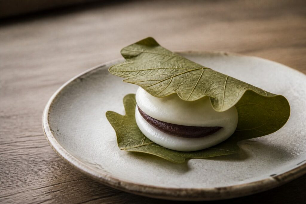 Nervures de chêne sur la feuille protégeant le kashiwa mochi à l'anko