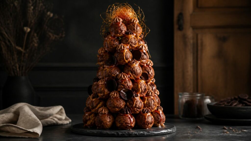 An amber caramel nest tops the glossy chocolate caramel croquembouche