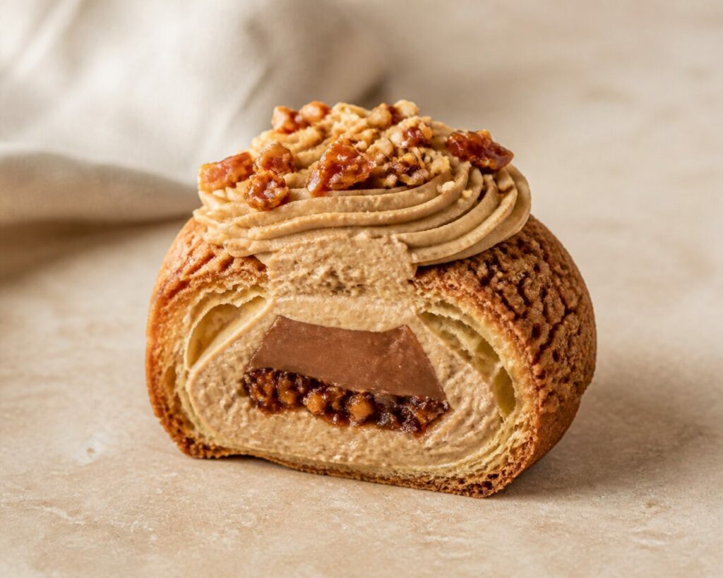 Noisettes caramélisées sur le chou craquelin garni et découpé