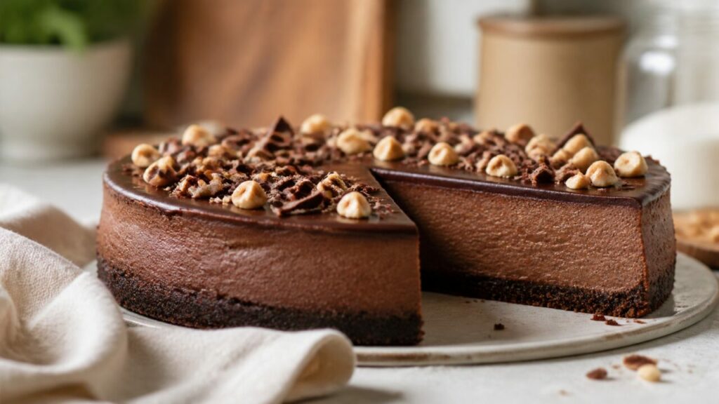 Noisettes entières et copeaux sur le cheesecake au chocolat