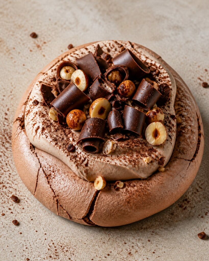 Nocciole intere raccolte nella pavlova al cioccolato e nocciole