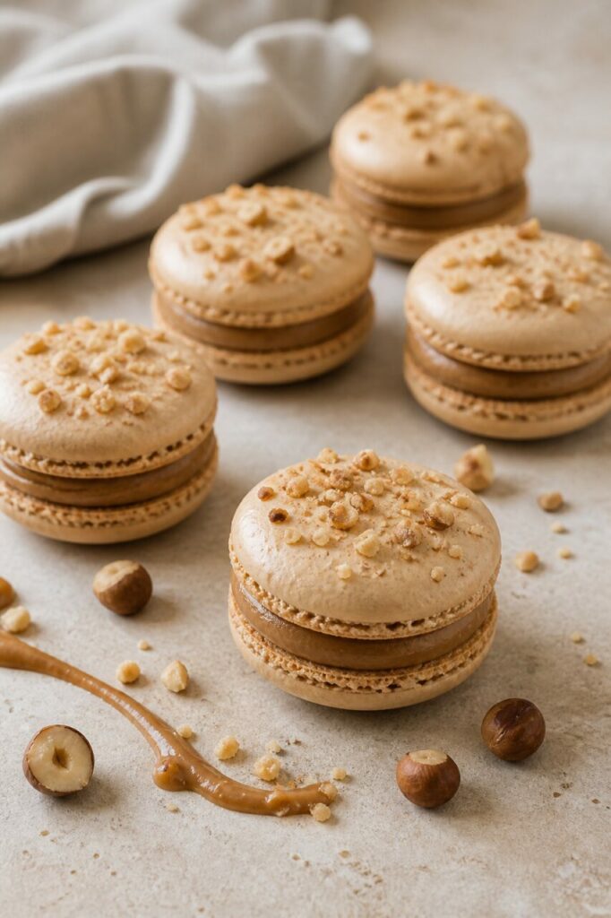 Nocciole tostate tritate sui macaron al pralinato