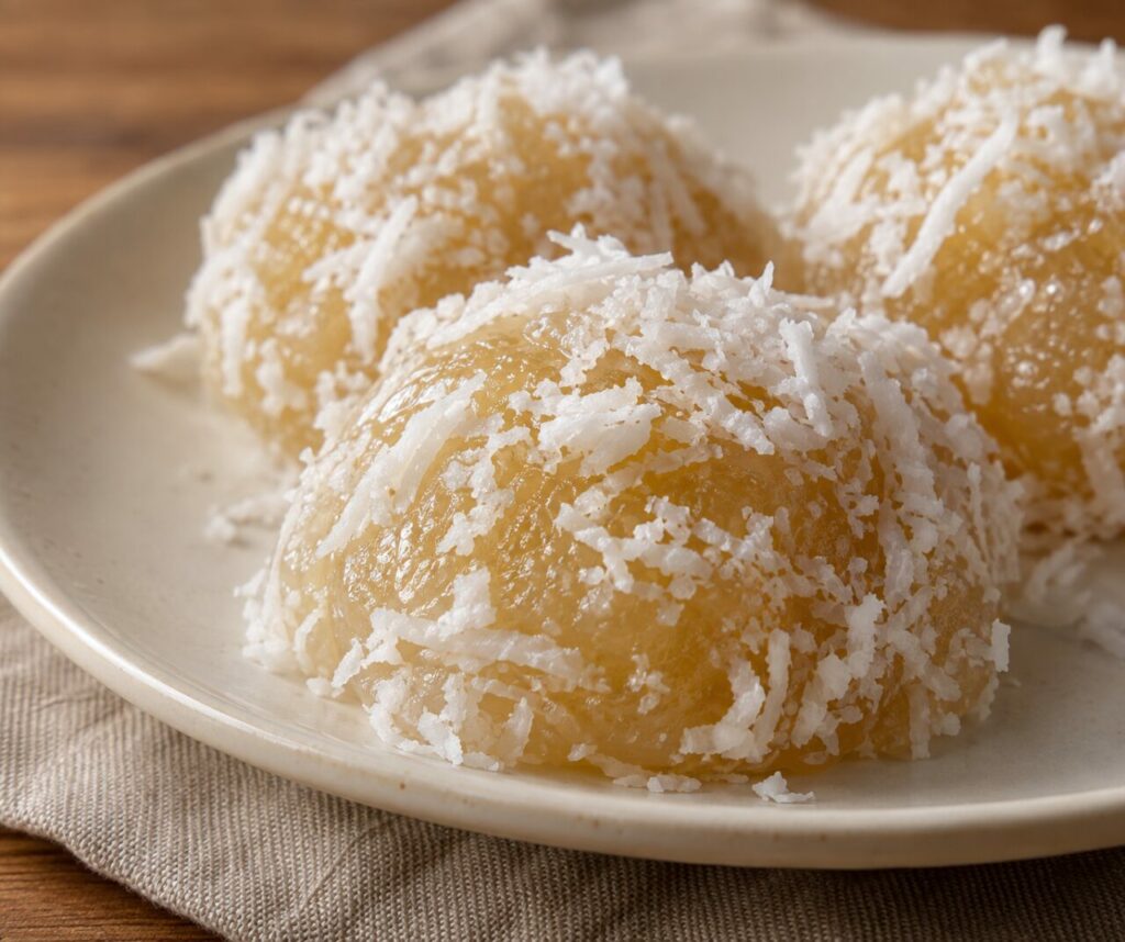 Noix de coco et texture brillante du pichi-pichi en détail