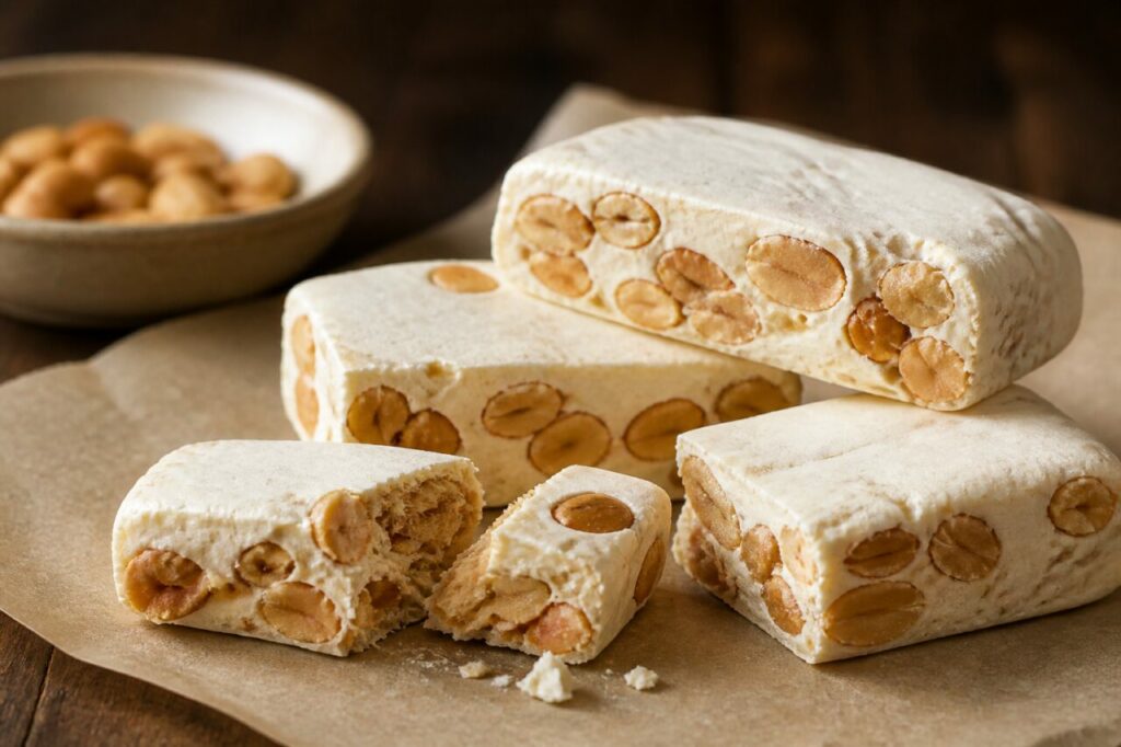 Nougat taiwanês de amendoim, barras brancas partidas com amendoins visíveis
