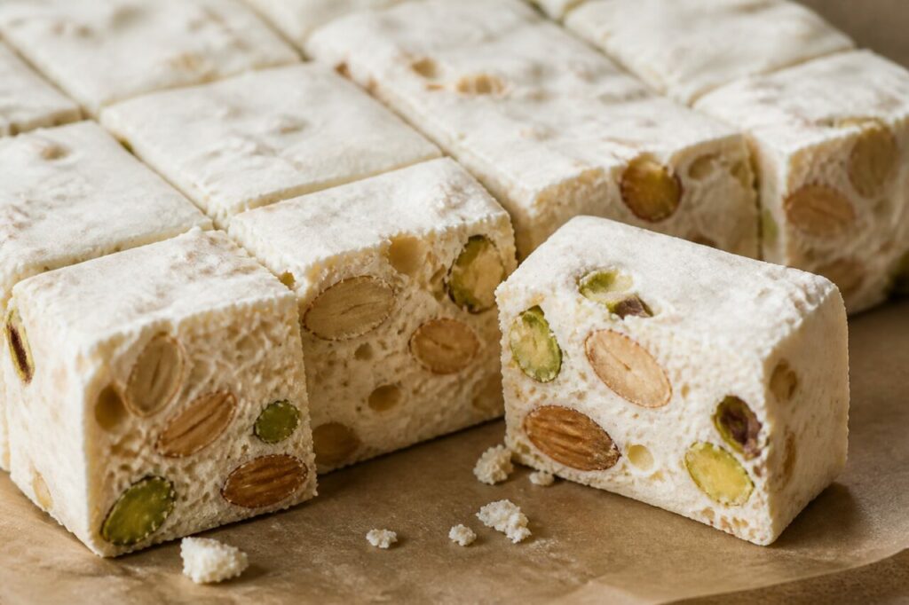 Cubes de nougat tendre à la texture aérée