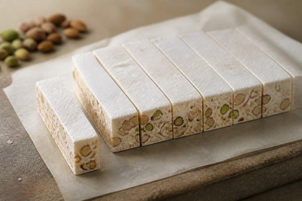 Des barres de nougat tendre alignées sur papier cuisson