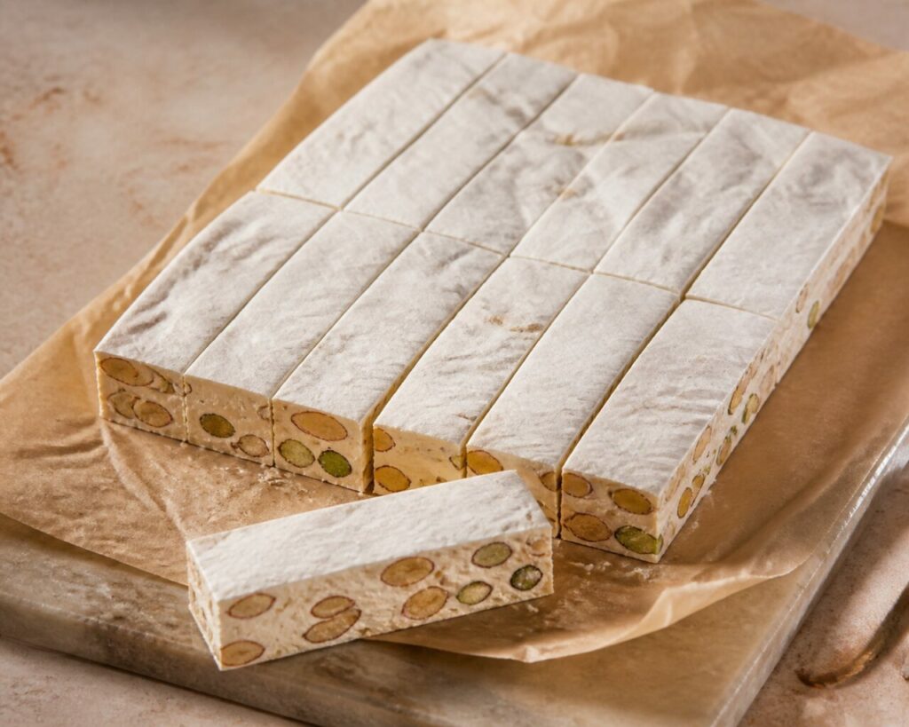 Bandes étroites de nougat tendre sur un support minéral