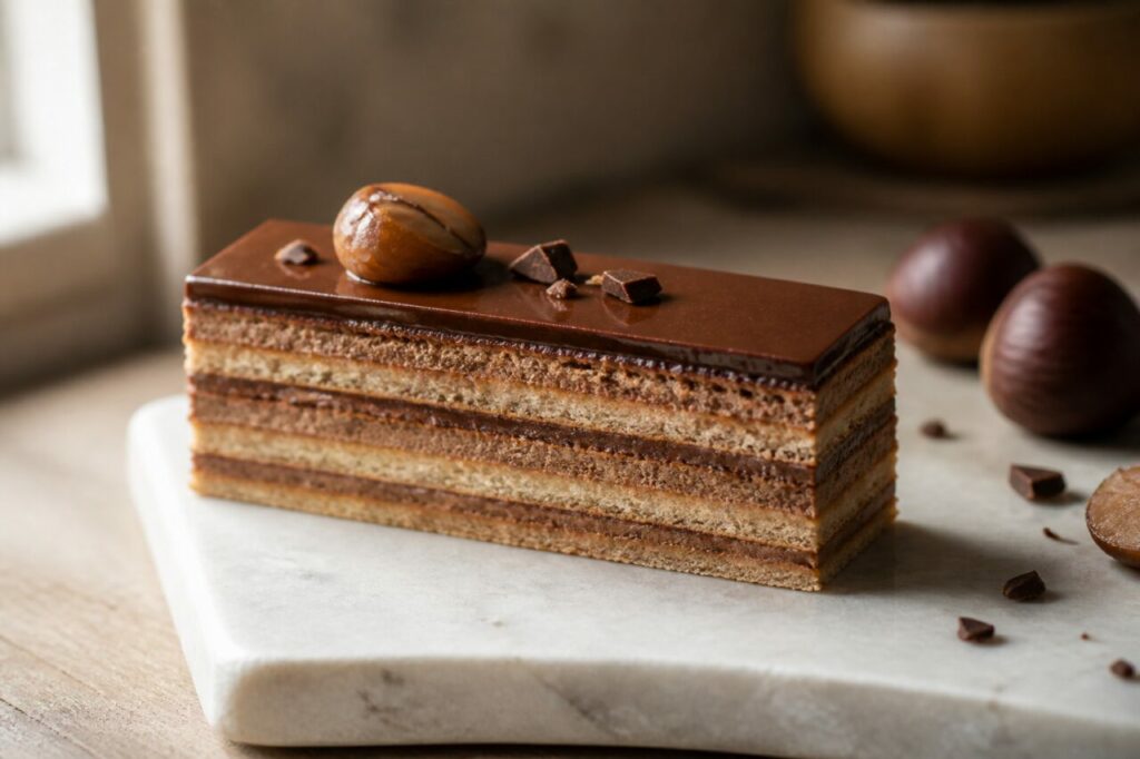 Chestnut chocolate opera cake with glossy ganache