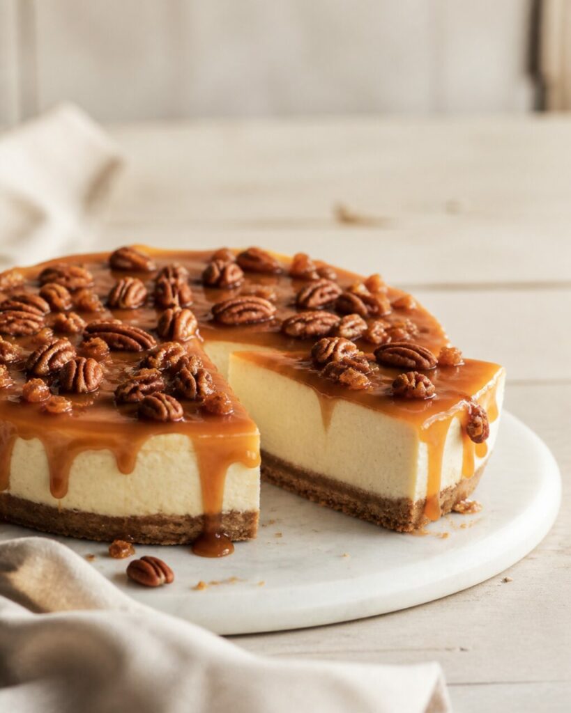 Ouverture triangulaire dans le cheesecake au caramel et aux pécans