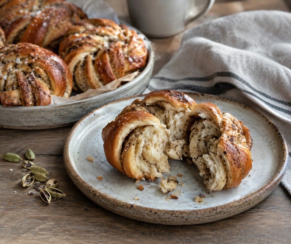 Open cardamom bun showing layered crumb on a plate