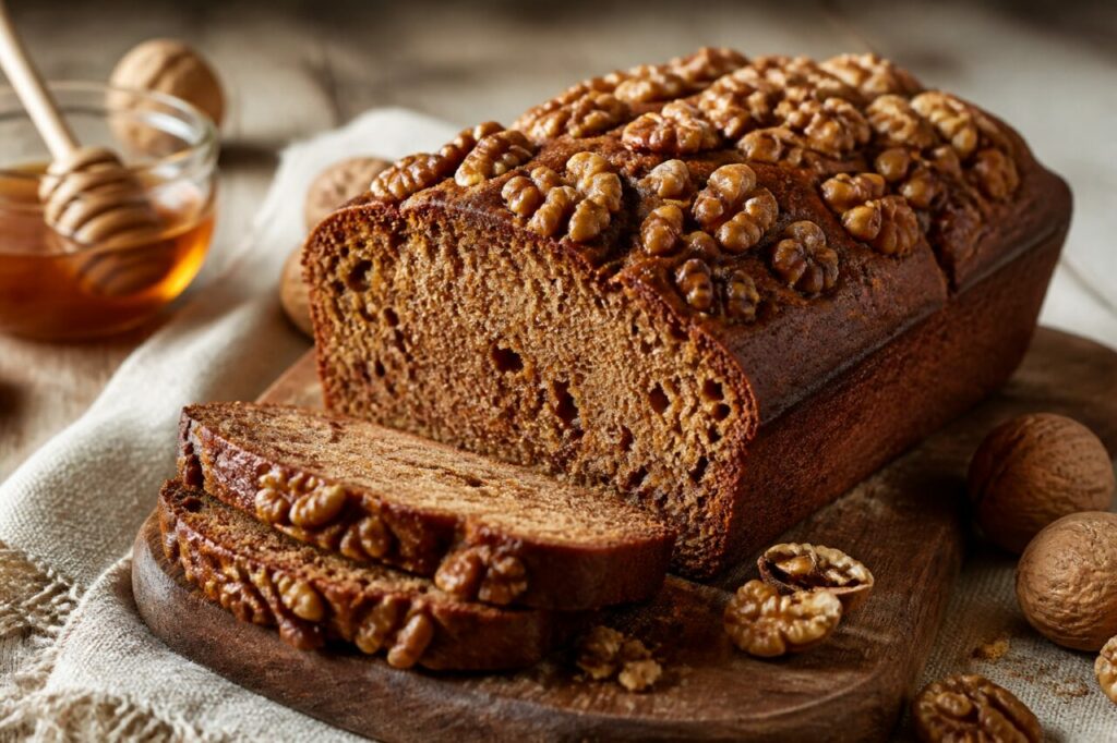 Honig-Gewürzkuchen mit Walnüssen und zwei Scheiben