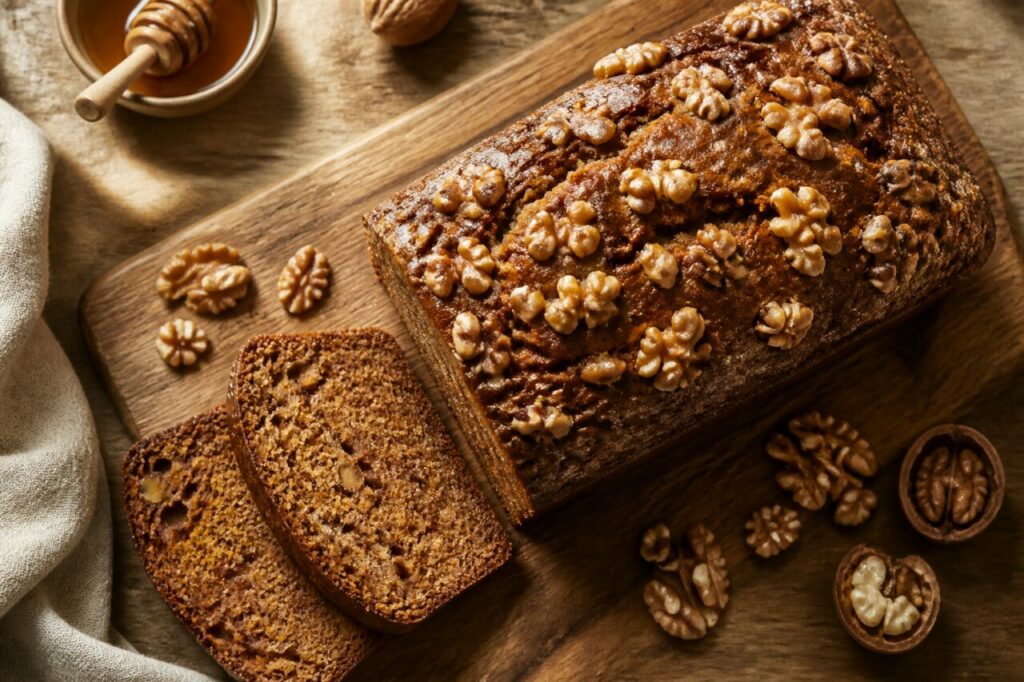 Gewürzkuchenscheiben zwischen Honig und Walnüssen