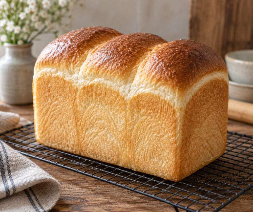 Square shokupan loaf cooling on a rack with white crumb and golden crust